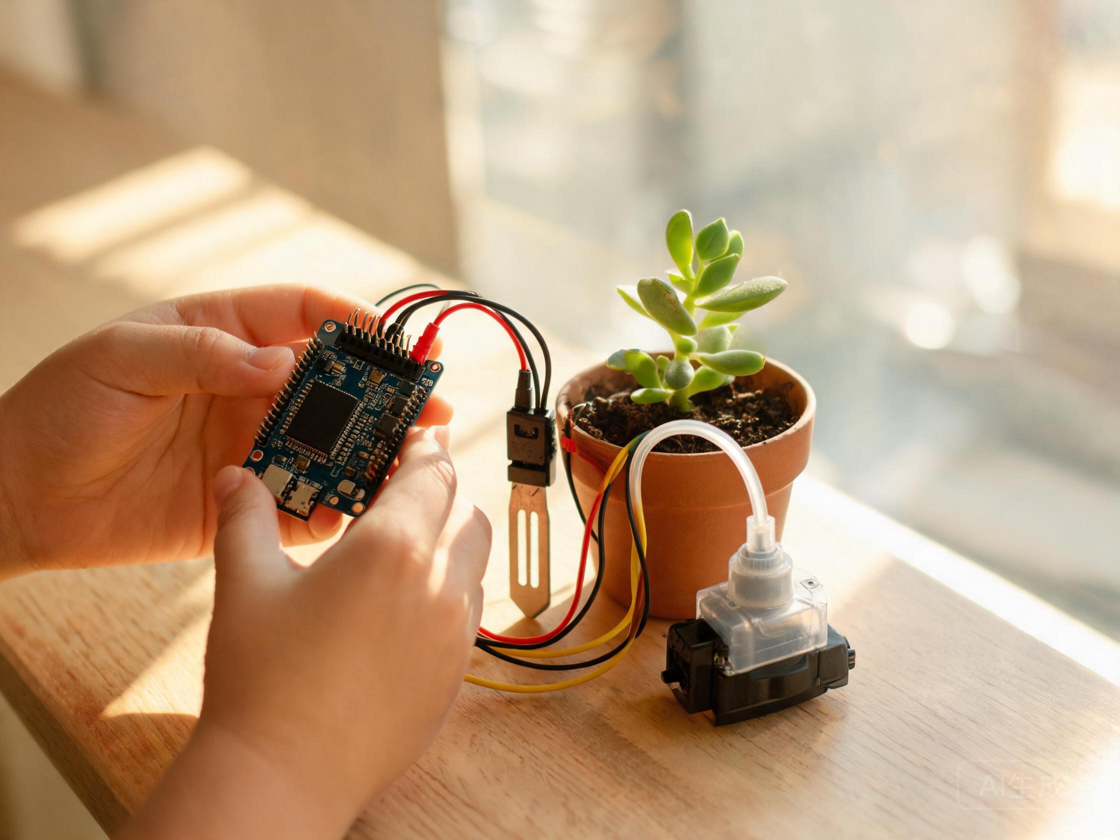 孩子手里握着 ESP32 开发板，旁边是接好传感器和水泵的小盆栽